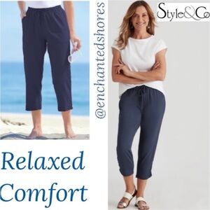 Cropped Trousers Straight Mid Rise Tie Waist Cargo Cuff Cotton Navy Blue Size XL